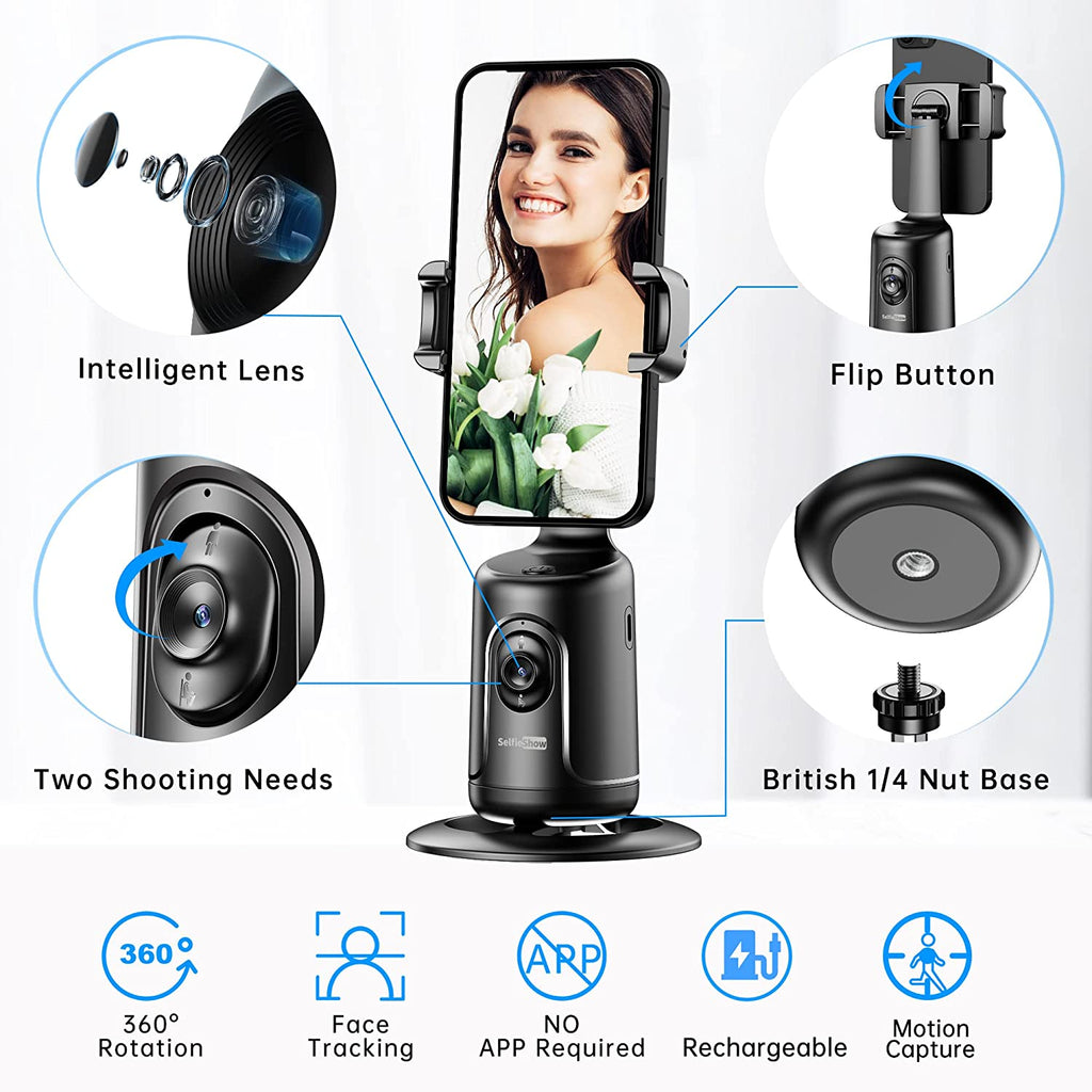Auto Tracking Phone Holder, Auto Face Tracking Tripod, Portable All-In-One Smart Selfie Stick 360 Rotation Fast Face & Object Tracking Cameraman Robot Mount for Phone Video Vlog Live Streaming(Black)
