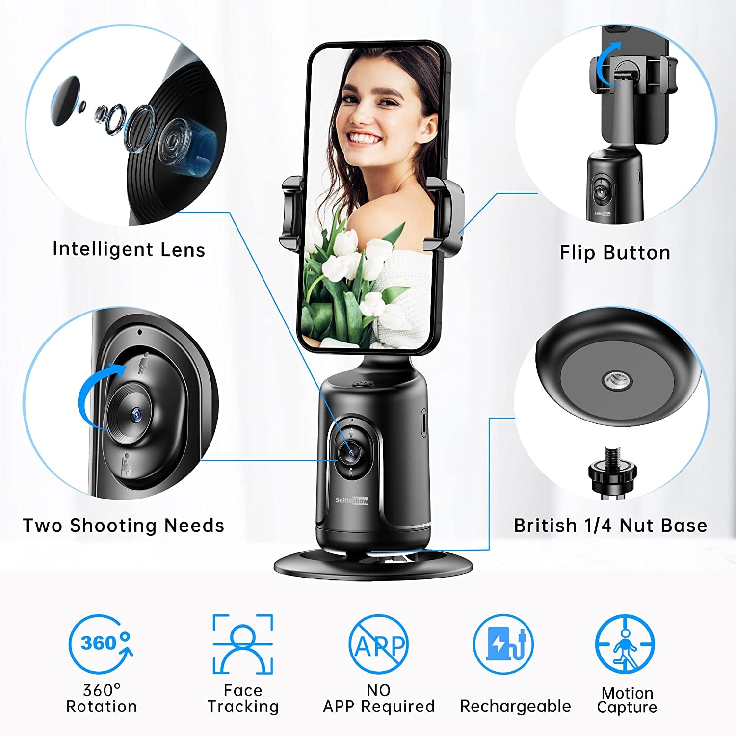 Auto Tracking Phone Holder, Auto Face Tracking Tripod, Portable All-In-One Smart Selfie Stick 360 Rotation Fast Face & Object Tracking Cameraman Robot Mount for Phone Video Vlog Live Streaming(Black)