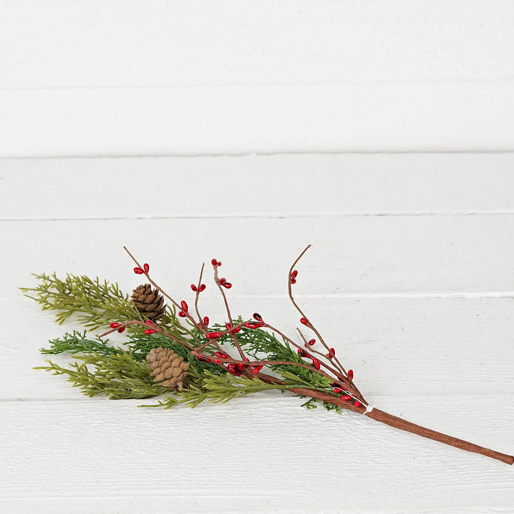 ISB71706- 14in Evergreen Pine with Red Pips Pick