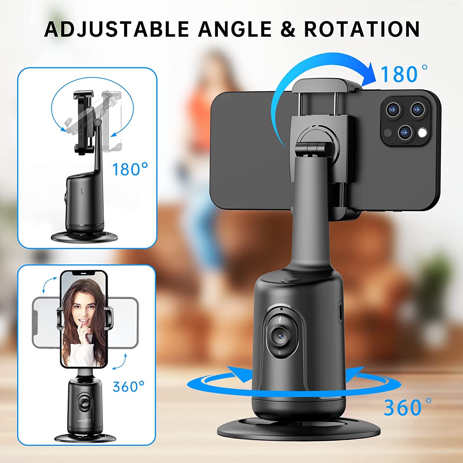 Auto Tracking Phone Holder, Auto Face Tracking Tripod, Portable All-In-One Smart Selfie Stick 360 Rotation Fast Face & Object Tracking Cameraman Robot Mount for Phone Video Vlog Live Streaming(Black)