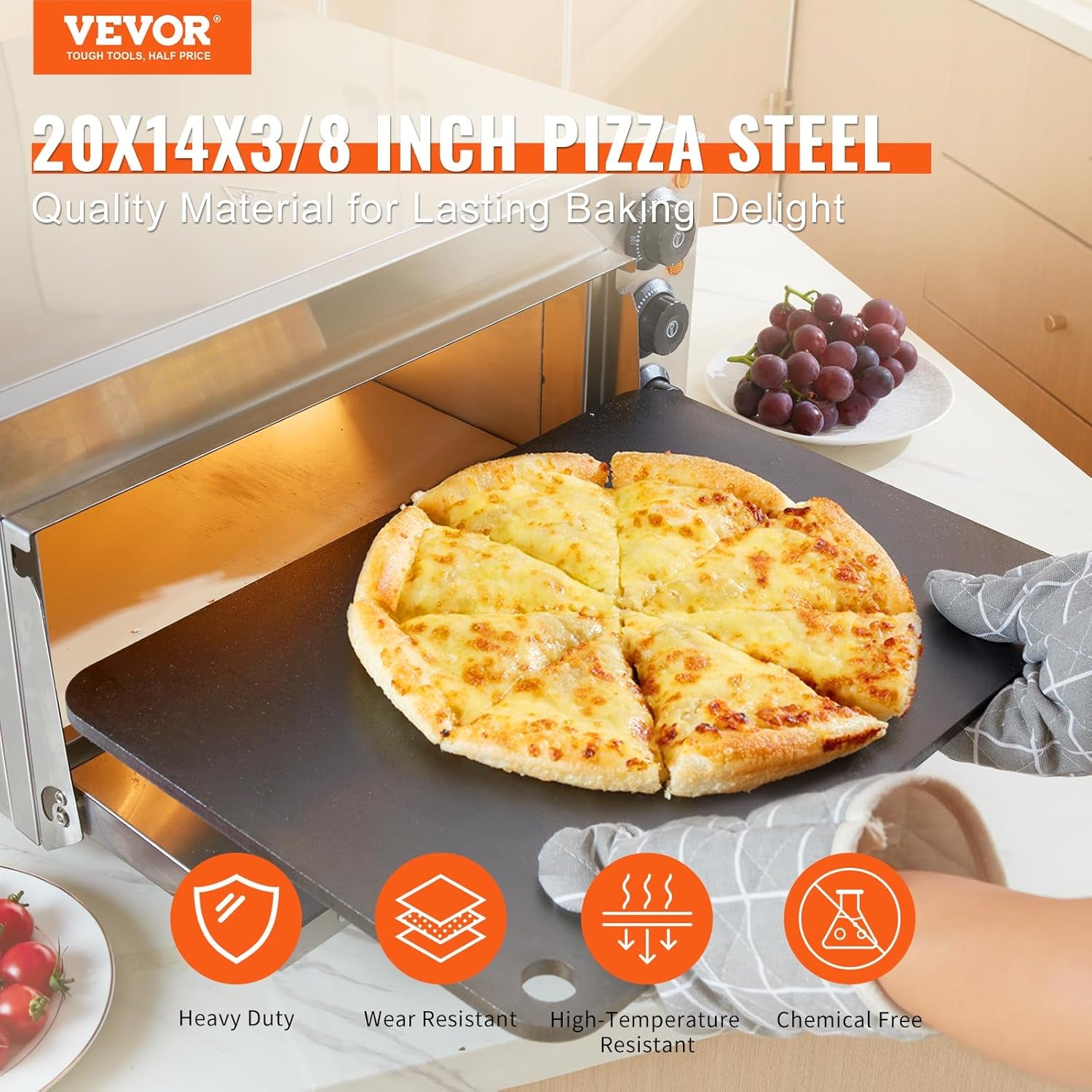 Pizza Steel, 20" X 14" X 3/8" Pizza Steel Plate for Oven, Pre-Seasoned Carbon Steel Pizza Baking Stone with 20X Higher Conductivity, Heavy Duty Rustproof Pizza Pan for Outdoor Grill, Indoor Oven