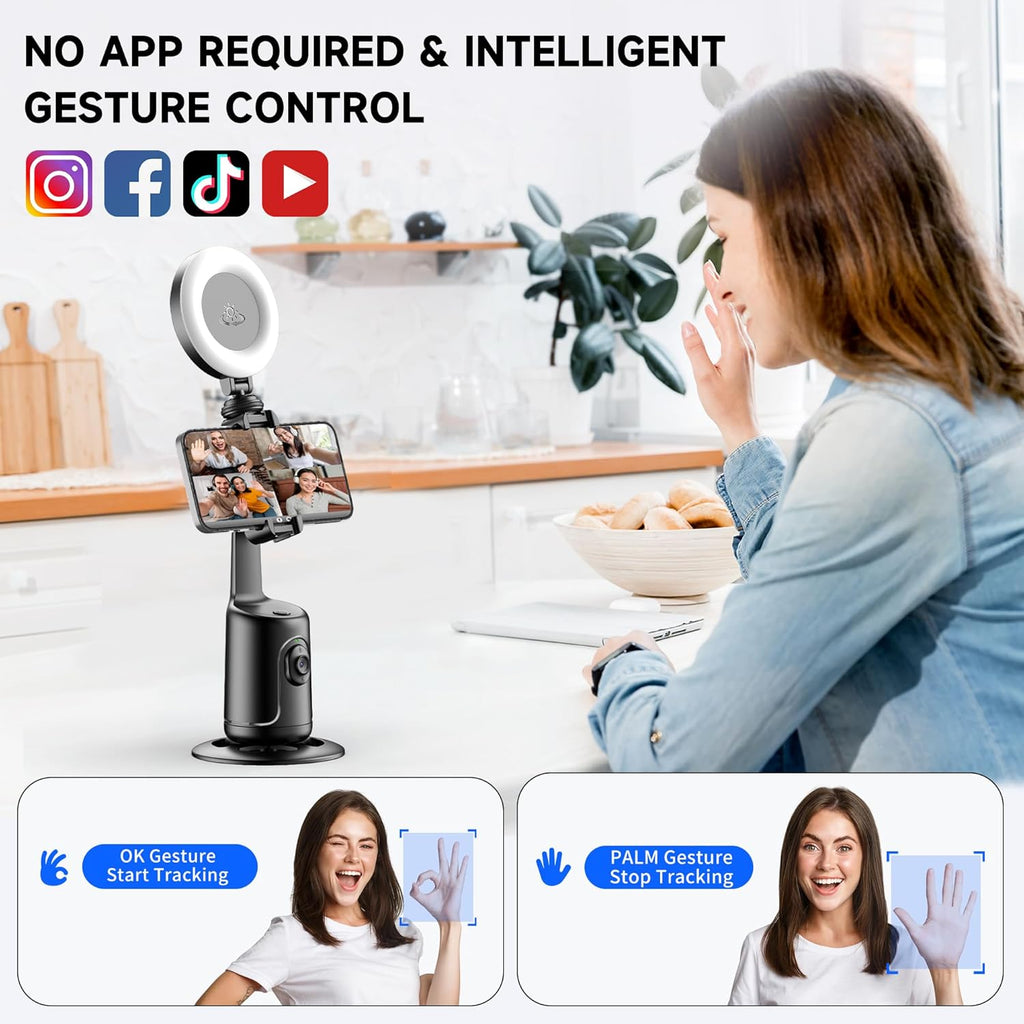 Auto Face Tracking Tripod with 2 Selfie Ring Light, 360° Rotation Face Body Phone Holder Smart Shooting Camera Mount with Remote, Rechargeable Smart Shooting Holder for Vlog, Streaming, Video, Tiktok