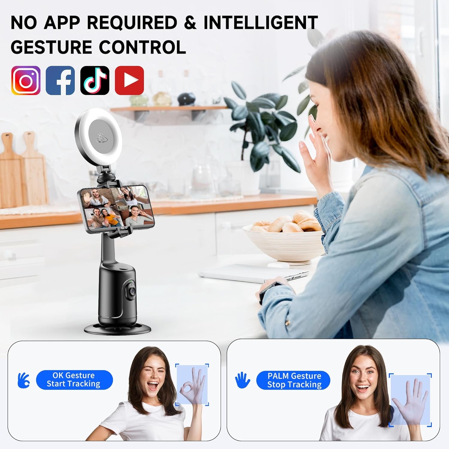 Auto Face Tracking Tripod with 2 Selfie Ring Light, 360° Rotation Face Body Phone Holder Smart Shooting Camera Mount with Remote, Rechargeable Smart Shooting Holder for Vlog, Streaming, Video, Tiktok
