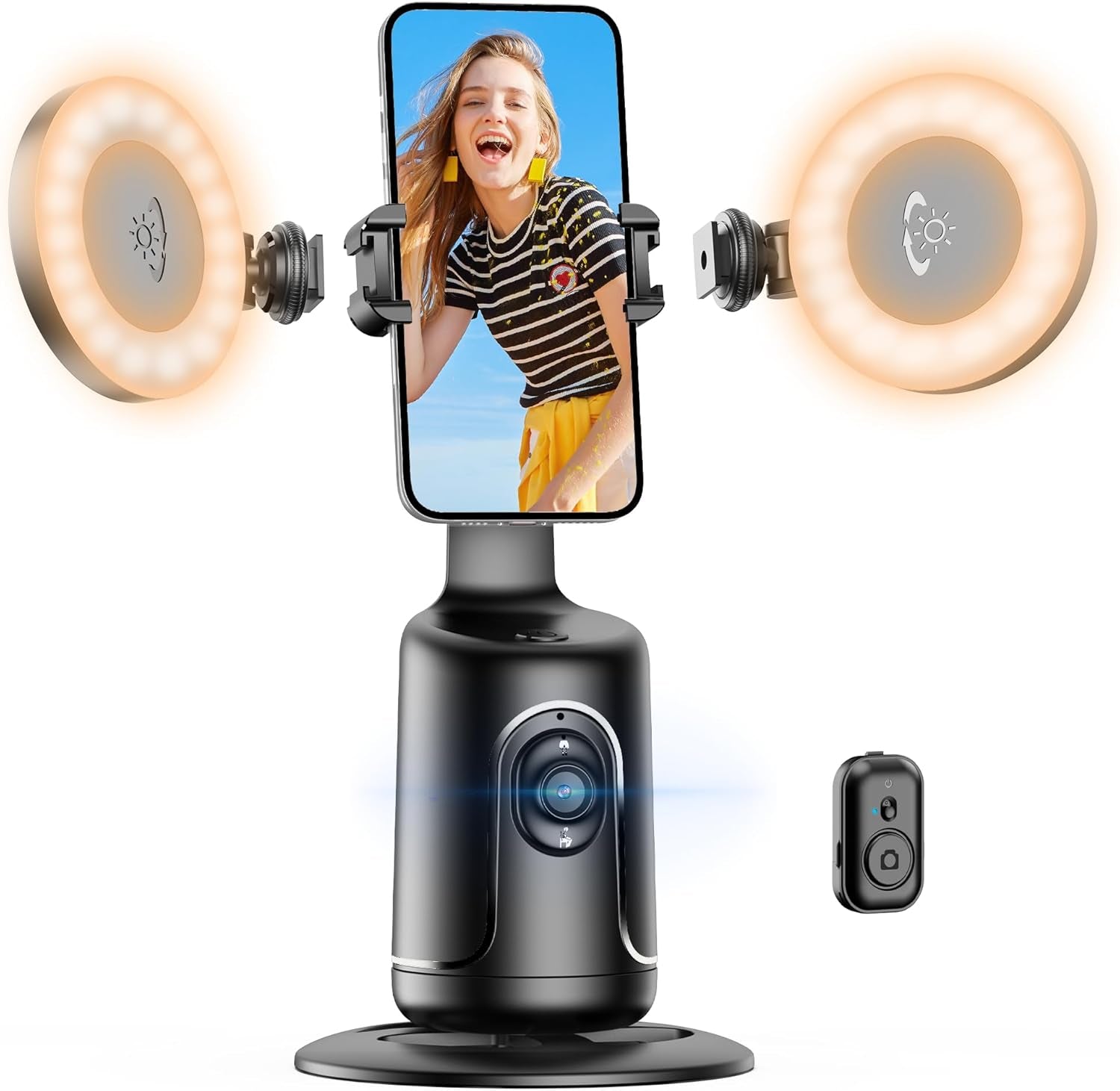 Auto Face Tracking Tripod with 2 Selfie Ring Light, 360° Rotation Face Body Phone Holder Smart Shooting Camera Mount with Remote, Rechargeable Smart Shooting Holder for Vlog, Streaming, Video, Tiktok