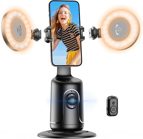 Auto Face Tracking Tripod with 2 Selfie Ring Light, 360° Rotation Face Body Phone Holder Smart Shooting Camera Mount with Remote, Rechargeable Smart Shooting Holder for Vlog, Streaming, Video, Tiktok