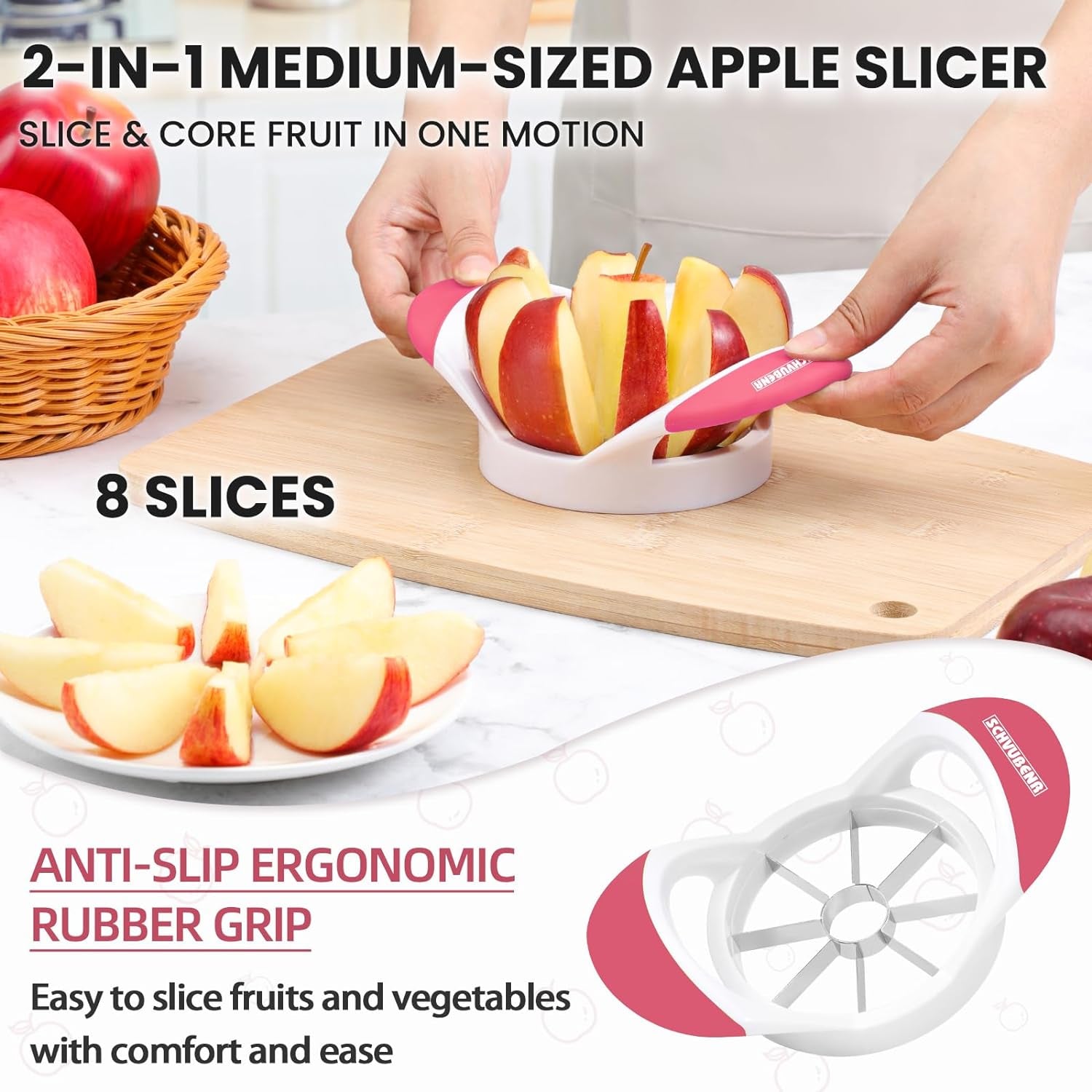 3.5 Inch Apple Slicer - Professional Apple Cutter - Stainless Steel Apple Corer - Super Sharp Apple Slicer and Corer - Apple Tool with 8 Sharp Blades(Pink)