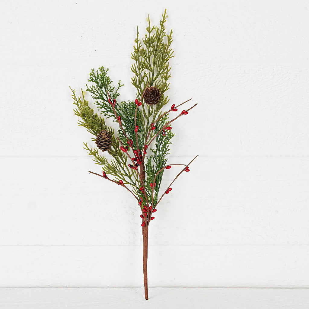 ISB71706- 14in Evergreen Pine with Red Pips Pick