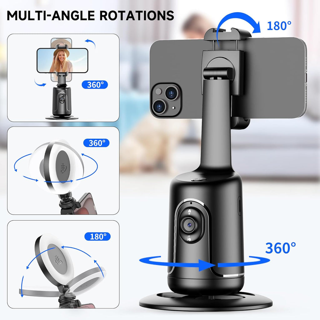 Auto Face Tracking Tripod with 2 Selfie Ring Light, 360° Rotation Face Body Phone Holder Smart Shooting Camera Mount with Remote, Rechargeable Smart Shooting Holder for Vlog, Streaming, Video, Tiktok