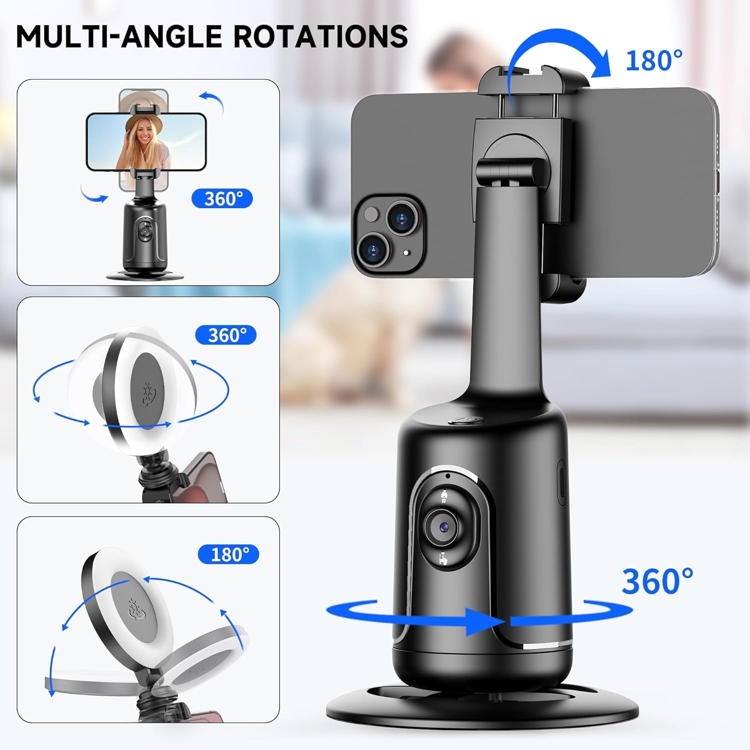 Auto Face Tracking Tripod with 2 Selfie Ring Light, 360° Rotation Face Body Phone Holder Smart Shooting Camera Mount with Remote, Rechargeable Smart Shooting Holder for Vlog, Streaming, Video, Tiktok