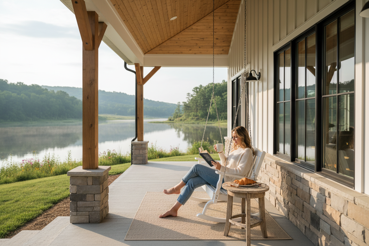 modern farmhouse with a women sitting on front porch drinking coffee and reading a book on a porch swing overlooking a serine lake
